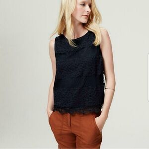 LOFT Lace Overlay Scalloped Hem Sleeveless Lined Navy Blue Top Blouse Size XXSP‎
